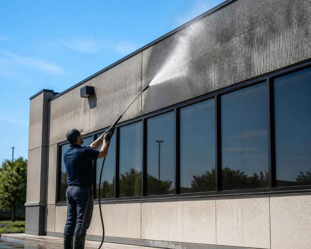 Commercial building exterior being pressure cleaned, aerial view