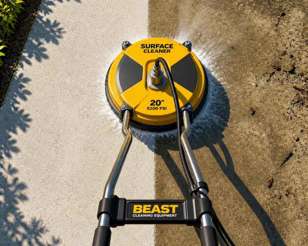 Surface cleaner removing grime from a concrete driveway, clean strip visible