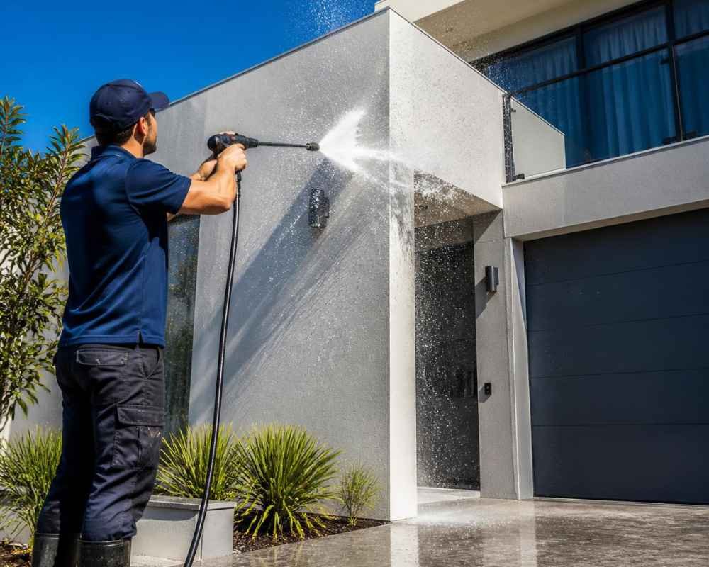 Soft washing the exterior of a Mackay home, restoring the render to a clean finish