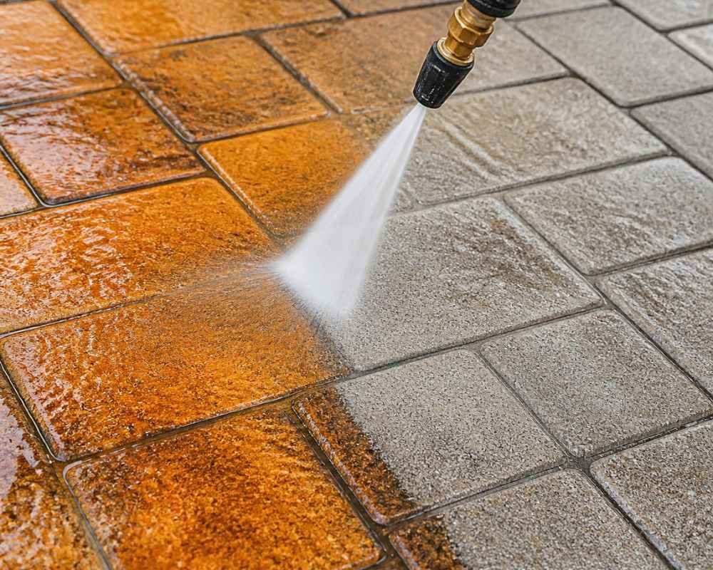 Close detail of a bore stain being lifted from a paved surface