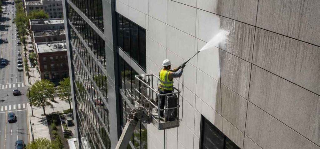Large commercial property exterior being cleaned